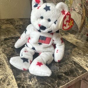 Ty White Plush Bear with Red and Blue Stars